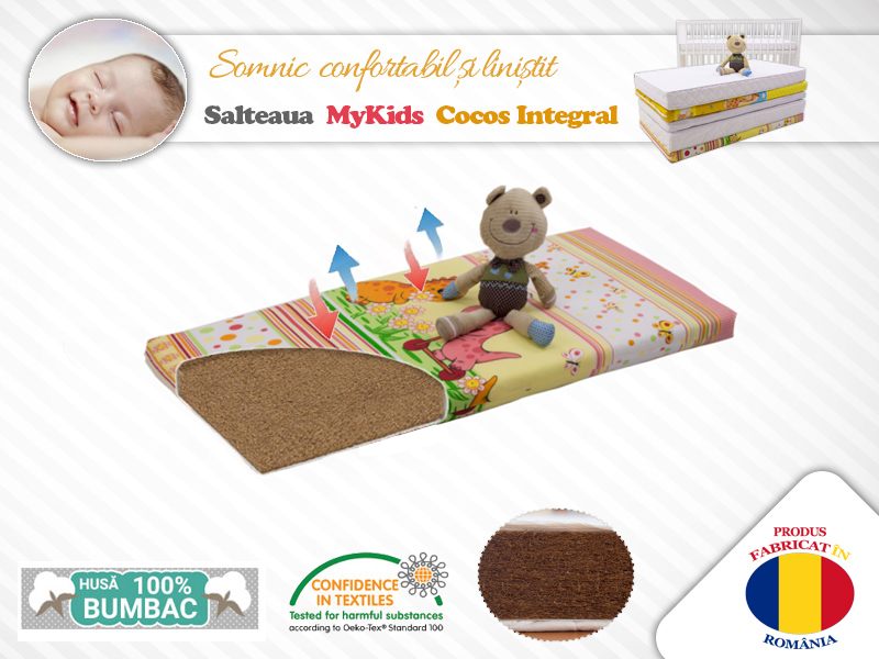 Saltea MyKids Fibra De Cocos Integral 120x60x12 Husa Bumbac Imprimat